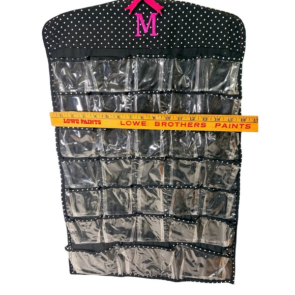 Monogram M Hanging Jewelry Organizer Pink Black Polka Dot 66 Pockets DBL Sided - Picture 9 of 9